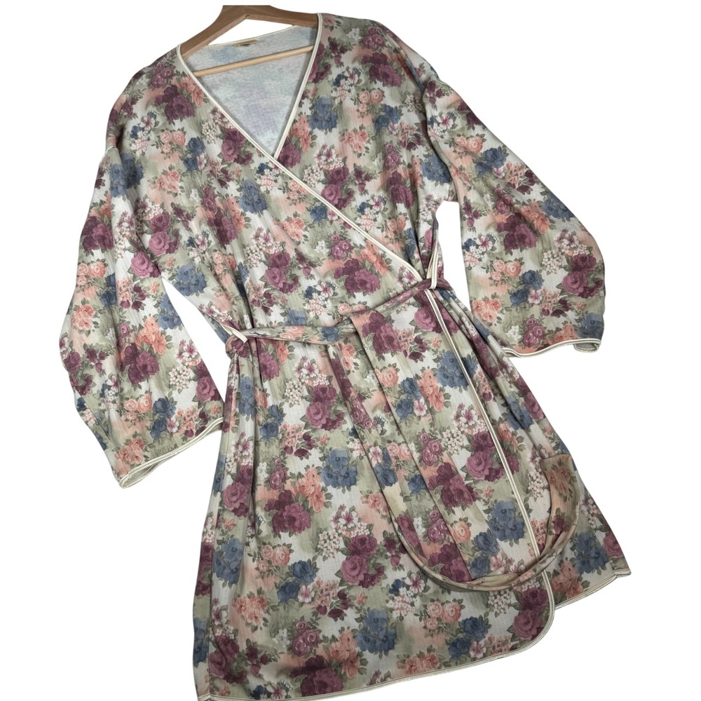 LL Bean Vtg Floral Robe‎ Womens Size L Made in England Kimono Style Cottagecore